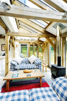 a living room filled with furniture and a fire place in the middle of a room