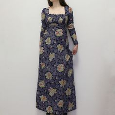 Vintage 70s Empire Waist Prairie Dress! Blue Floral Maxi Dress with long sleeves, ruched bust, and waist Tie! Made by This Is Yours San Francisco. Size Tag cut, fits approx. a S Bust: 32" Waist: 25 1/4" Hips: 39 1/2" Length: 55" navy floral 70s maxi 9.9 oz. Fitted Empire Waist Maxi Dress For Fall, Vintage Long Sleeve Maxi Dress With Vintage Print, Vintage Blue Long Sleeve Maxi Dress, 1970s Long Sleeve Blue Dresses, 1970s Blue Long Sleeve Dress, 1970s Vintage Print Long Sleeve Dress, 1970s Empire Waist Fitted Dress, 1970s Fitted Empire Waist Dress, 1970s Fitted Dress With Empire Waist