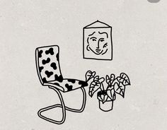 a black and white drawing of a chair next to a potted plant with a face on it