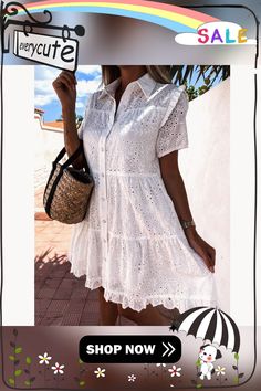 Solid Lace Sleeve Fashion Dress White White Dresses Short Sleeve Midi Dress For Summer Day Out, Midi Length Short Sleeve Dress For Summer Day Out, Elegant Mini Length Shirt Dress For Vacation, Summer Vacation Shift Shirt Dress, Summer Shirt Dress For Vacation, Chic Short Sleeve Spring Vacation Dress, Chic Short Sleeve Dress For Spring Vacation, Chic Short Sleeve Dress For Vacation, Chic Short Sleeve Dress For Beach In Spring