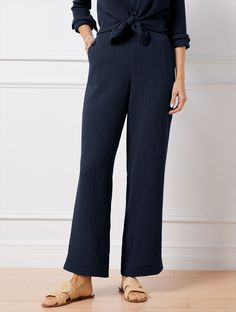 Airy Gauze Wide Leg Pants Cotton Wide Leg Pants With Tie Waist For Work, Cotton Wide Leg Pants With Tie Waist For Loungewear, Cotton Wide Leg Ankle-length Pants With Tie Waist, Classic Style Women, Back Patch, Mom Outfits, Modern Classic, Ankle Length, Drawstring Waist