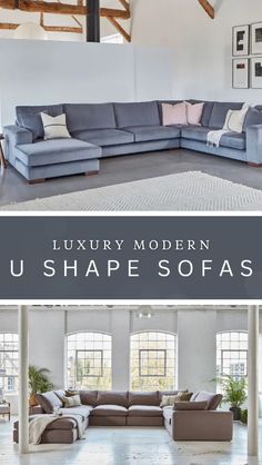 a large sectional couch in a living room next to an open floor plan with the words luxury modern u - shape sofas