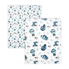 two baby swaddles with blue hot air balloons on them