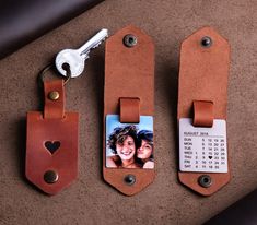 two leather luggage tags with a couple's photo attached to them