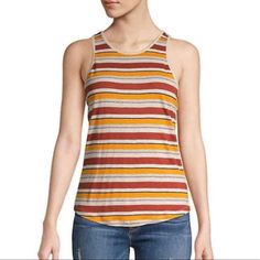 Nwt Frame Linen Stripe Tank In Sunrise Multi. Size Large. Stripes In A Sunset Palette Of Orange, Maroon And Cream Give This Easy Fitting Knit Tank A Retro Vibe And Make It A Perfect Layering Piece For The Fall Season. Pair With You Favorite Cardigan And Denim. - Scoop Neck - Sleeveless - Racerback - Rounded Hem - Stripe Print - 100% Linen - Machine Wash Approximate Measurements (Laying Flat): Bust 18” Length 25” Casual Multicolor Tank Top, Trendy Orange Cotton Tank Top, Casual Striped Tank Top, Orange Cotton Tank Top For Spring, Casual Multicolor Tank Top For Fall, Casual Burnt Orange Tops For Spring, Casual Orange Tank Top For Spring, High Neck Sleeveless Top, Sunset Palette