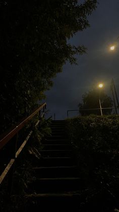 stairs leading up to the top of a hill at night with street lights above them