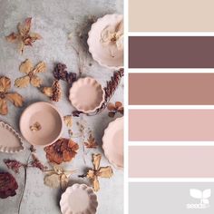 the color palette is pink, brown and white with some leaves on top of it