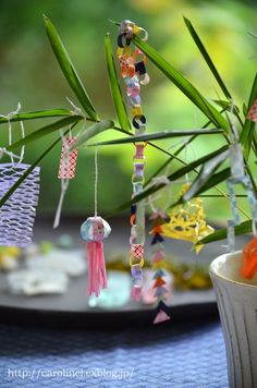 a plant with beads hanging from it's stems on a table next to a plate