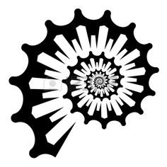 an abstract black and white flower design with many petals in the center, on a white background