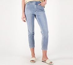 A little bit of trim on the hem gives these pull-on crop jeans a playful finish. From Isaac Mizrahi Live!TM Lace Pants, Knit Denim, Pull On Jeans, Petite Pants, Isaac Mizrahi, Petite Jeans, Crop Jeans, Knit Crop, Back Patch