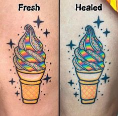 two different tattoos that show the same ice cream cone on each side of their thighs