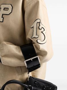 Prada logo-appliqué Leather Bomber Jacket - Farfetch Prada Jacket, Beige Outfit, Mens Travel Bag, Jogging Suit, Messenger Bag Backpack, Prada Leather, Retro Logo, Triangle Logo, Lacing Sneakers