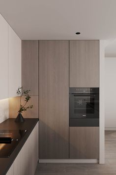 a modern kitchen with an oven and counter top in the center, along with a plant