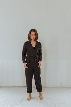 It's no secret that we are big romper fans around here. This one takes our romper game to the next level. The notched collar and lapel give this piece structured sophistication, paired with the understated vibe of the linen texture. Customize your fit with hidden wood buttons and adjustable belt. Featuring large front Chic Tailored Linen Pantsuit, Spring Linen Pantsuit With Notch Lapel, Tailored Linen Pantsuit With Notch Lapel, Chic Linen Pantsuit With Notch Lapel, Tailored Linen Notch Lapel Pantsuit, Tailored Notch Lapel Linen Pantsuit, Linen Jumpsuits And Rompers With Pockets For Work, Spring Linen Jumpsuits And Rompers For Work, Sewing Workshop