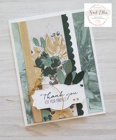 a thank you card with flowers on it and a ribbon tied around the bottom corner