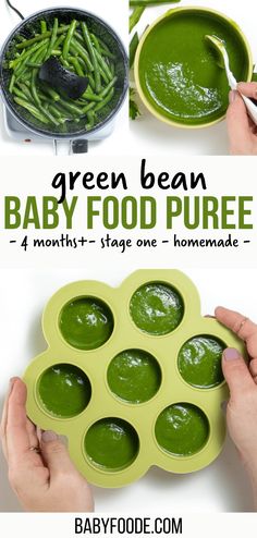 green bean baby food puree is in a bowl and being held by two hands