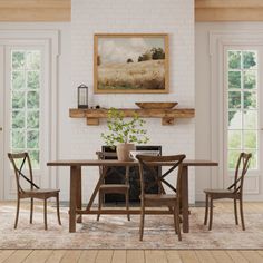 a dining room table and chairs in front of a painting on the wall with windows