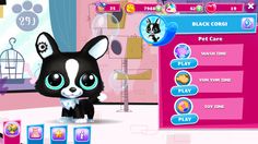 a little black and white dog standing in front of a pink screen with lots of buttons