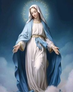 the immaculate mary in blue and white robes with clouds around her, on a dark background