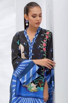 Black And Blue Crepe Printed Kurta And Matching Printed Panwar – Sania Maskatiya International Sania Maskatiya, How To Dye Fabric, Blue Print, Online Branding, Wear It, Blue Black, Composition, Blue, Beauty