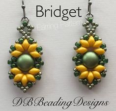 the earrings are made with green and yellow beading, which is attached to silver hooks