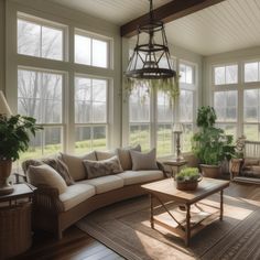 a living room filled with lots of furniture and large windows covered in light shinning