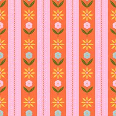 an orange and pink striped background with flowers