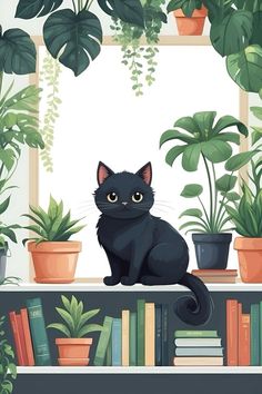 a black cat sitting on top of a book shelf next to potted plants