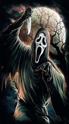 a painting of a ghost holding a knife in front of a full moon and trees