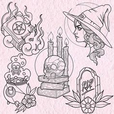 a drawing of witches and skulls with candles, books, and other things on the table