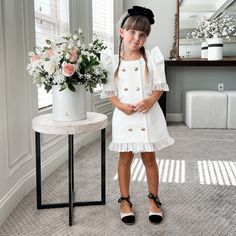 White Tuxedo Dress – Petite Maison Kids Elegant Baptism Dress For Spring, Chic Fitted Dress For Dress-up Occasions, Chic Dresses With Pearl Buttons, Chic Party Dress With Pearl Buttons, Elegant Fitted Dress For Dress-up Occasions, White Buttoned Formal Dress, White Formal Dress With Buttons, Elegant White Dress With Pearl Buttons, Elegant Fitted Dresses With Gold Buttons