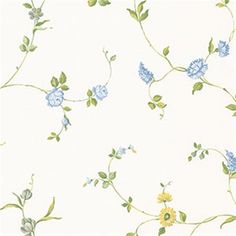 a wallpaper with blue and yellow flowers on it's side, including green leaves