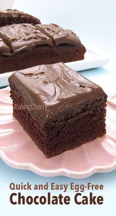 two slices of chocolate cake sitting on top of a pink plate with the words, quick and easy egg - free chocolate cake