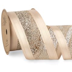 two rolls of ribbon with gold sequins on white background, one roll is beige and the other has light pink