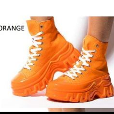 Brand New Orange Super Boot For The High Fashion Woman. Canvas. Spring Ankle-high Sneakers, Spring Sneakers With Medium Width And Round Toe, Trendy Ankle-high Spring Sneakers, Spring Medium Width Flat Heel Sneakers, Chunky Platform Sneakers With Round Toe For Spring, Cute Orange Shoes, Summer Sneakers With Lug Sole And Round Toe, Synthetic Ankle-high Summer Sneakers, Orange Round Toe Sneakers For Spring