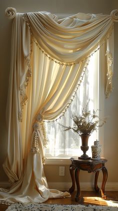 a vase with flowers sitting on top of a table next to a window covered in curtains