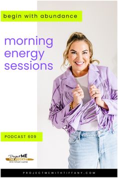 a woman in purple jacket and jeans with the words morning energy session on her chest