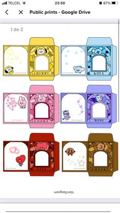 an assortment of different colored boxes with cartoon characters on the front and back sides, all in