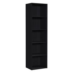 a tall black bookcase with four shelves