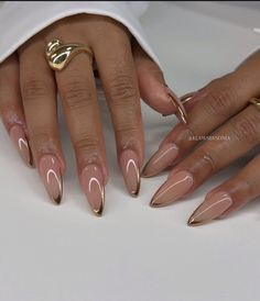 Glam Nails Almond Shape, French Manicure Designs With Gold, Almond Nails With Gold Tips, Almond Nails Gold French Tip, French Tip Nails Gold Accent, Gold French Manicure Almond, Gold French Tips Almond, Acrylic Nails With Gold Design, Gold Almond French Tip Nails