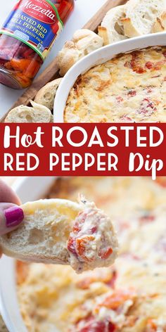 hot roasted red pepper dip in a white casserole dish with bread on the side