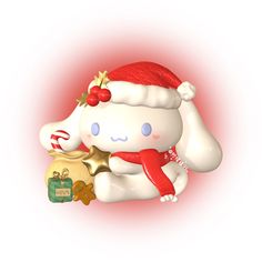 a white stuffed animal wearing a santa hat and holding a gold star next to a gift box