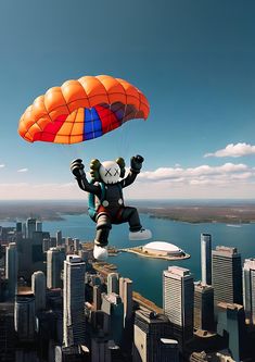 a person is parasailing over a city with tall buildings and water in the background