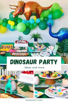 dinosaur party with balloons, cake and decorations