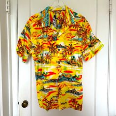 Fun Bright Yellow Short Sleeve Shirt With One Chest Pocket. Tropical Print With Palm Trees And Volcanoes. Wood-Like Buttons. Measures Approximately 25” Across Pit To Pit. 100% Cotton. Perfect For Summer, Luau, Beach, Pool Party Or Your Next Vacation. Nwt. Casual Yellow Hawaiian Shirt For Beach, Yellow Printed Shirt For Vacation, Yellow Hawaiian Shirt For Summer Vacation, Yellow Summer Hawaiian Shirt For Vacation, Yellow Summer Hawaiian Shirt For Beach Season, Casual Yellow Hawaiian Shirt For Beach Season, Printed Yellow Camp Shirt For Beach, Yellow Printed Camp Shirt For Beach, Printed Yellow Camp Shirt For The Beach