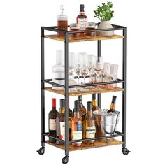 a metal and wood bar cart filled with bottles