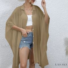 Lasaky - Premium Open-Front Solid Kimono Coverup: Essential Summer Beachwear for Womens Fashion Style Savvy, Summer Beach Wear, Casual Fit, Beach Wears, Beach Wear, Batwing Sleeve, Chest Pad, Color Khaki, Classic Elegance