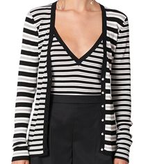 Carolina Herrera Horizontal-Stripe Ribbed Knit V-Neck Cardigan In Black Multi Set (Black, Gray, White Stripes, Pearl Buttons (Cardigan) 1- Cardigan Size: Large Description Carolina Herrera Cardigan Black & White & Gray Striped Long Sleeve With V-Neck Pearl Button Closure At Front ****************************************** 1- (Matching) Striped V-Neck Top Size: Medium Description Carolina Herrera Tank Top Striped Black & White & Gray V-Neck Striped V-neck Cardigan For Work, Striped Cardigan For Workwear, Spring Striped Workwear Cardigan, Striped V-neck Cardigan For Spring, Cardigan Set, Cardigan Black, Button Cardigan, V Neck Cardigan, Pearl Buttons