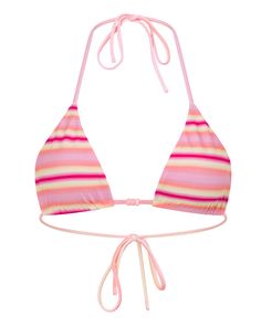 Our reversible triangle top you'll find yourself reaching for over and over. The perfect combination of style and comfort, reverse this top for two sets in one. Featured in our Mimosa print. Mimosa is a magenta, pink and yellow stripe, crafted in our signature buttery soft swim fabric. Mimosa reverses to our stunning ' Pink Triangle Swimwear For Spring, Trendy Pink Triangle Top, Pink Triangle Top For Vacation, Pink Triangle Top For Beach Season, Pink Triangle Top For Beach, Mimosa Print, Shimmer Fabric, Magenta Pink, Triangle Top