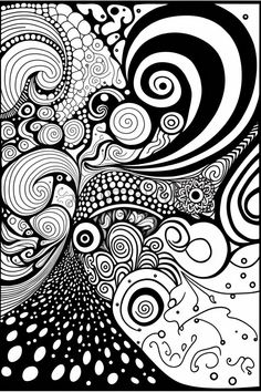 an abstract black and white drawing with swirls, dots and circles in the background